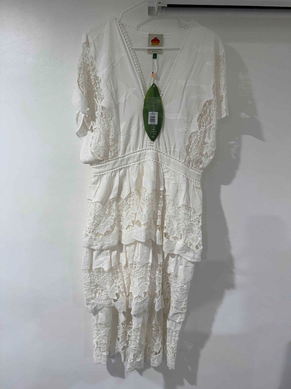 NWT Farm Rio Off-White Richelieu Midi Dress Size L Lace Tiered